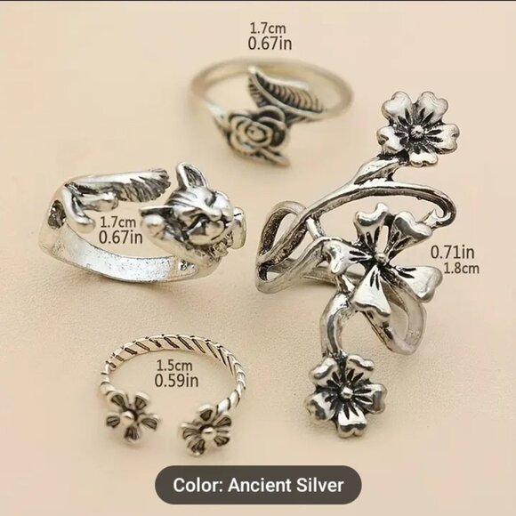 NWOT  4pcs Vintage Ring Set Gothic Style Catti Flower Leaf Patterns Mix And Matc - Picture 3 of 3
